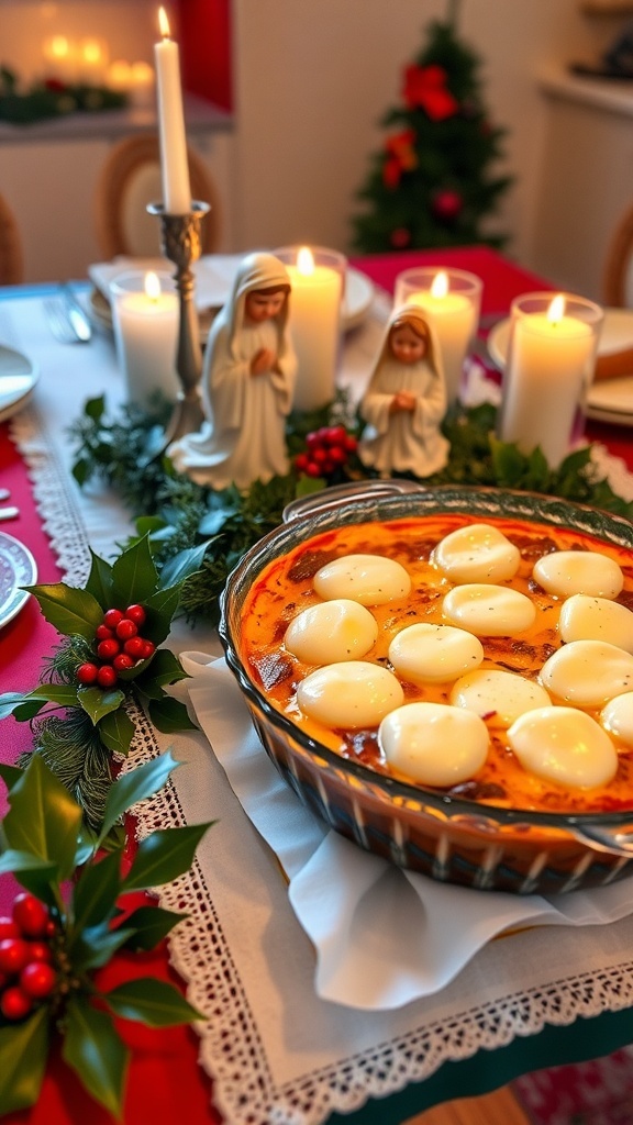 Holy Family Christmas Celebration Recipe A festive Christmas table with a baked dish topped with cheese, decorated with holly and candles, featuring Holy Family figurines.